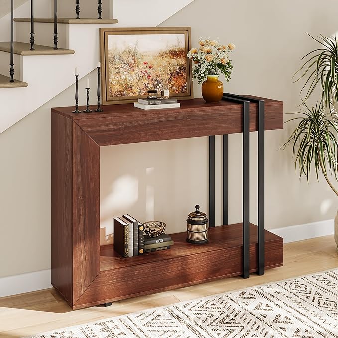 42.5" Console Table Behind Couch, 2-Tier Narrow Entryway Table with Storage, Wood Sofa Tables for Hallway/Entrance/Living Room/Foyer, Walnut Brown