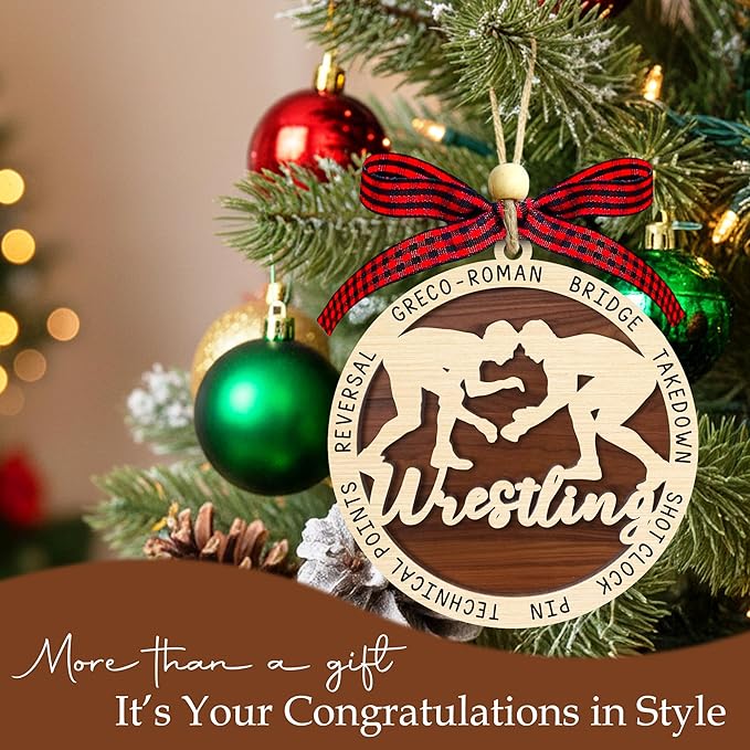 Wrestling Christmas Ornament 2025-2 Layer Wooden Wrestling Ornaments for Christmas Tree - Wrestler Hanging Decor Ornament - Gifts for Wrestlers, Coaches, Fans, Sport Lovers - Sports Wood Ornaments