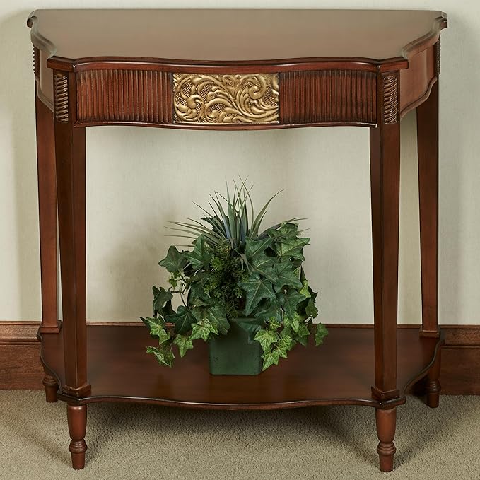 Touch of Class Sarantino Wooden Console Table - Natural Cherry with Aged Gold Details - Traditional Decorative Regal Furniture - Half Circle Moon Shape - Elegant Display for Entryway Room