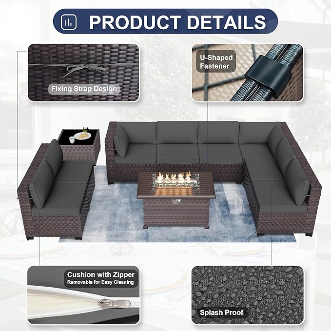 Kurapika 10 Pieces Patio Furniture Set, Rattan Wicker Outdoor Conversation Sets w/43in Propane Fire Pit Table and 4 Inch Cushion(Grey)