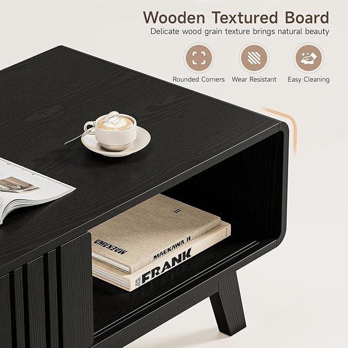 ONBRILL Coffee Table, Mid Century Modern Table with Storage Compartment, Fluted Table with Sliding Cabinet Door, Farmhouse Wood Coffee Table for Living Room (Black)