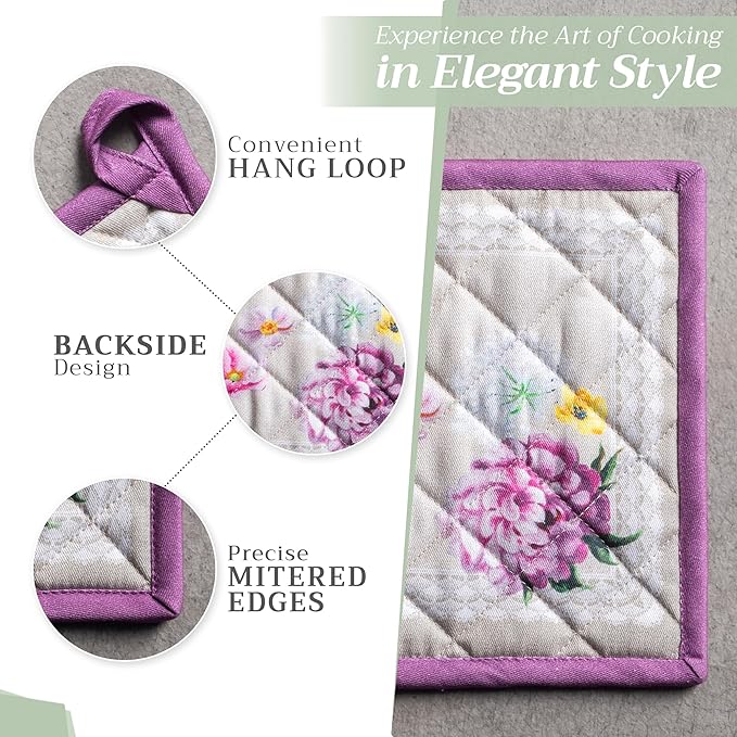 Maison d' Hermine Pot Holders Set 100% Cotton Heat Resistant Potholders 8" x 8" Hot Pads with Loop BBQ, Cooking, Baking, Grilling, Kitchen, Handling Hot Pans Spring/Summer (Pack of 2, Pivoine)