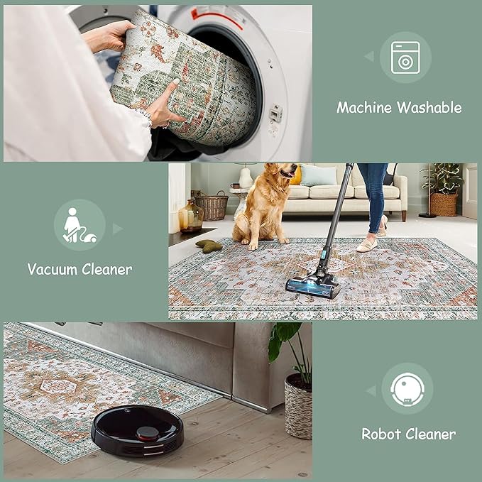 Moynesa Ultra-Thin Vintage Area Rug 6x9, Large Living Room Rugs for Bedroom Aesthetic, Washable Carpet for Under Dining Room Table, Oriental Medallion Printed Low Pile Mat for Office Playroom Dorm