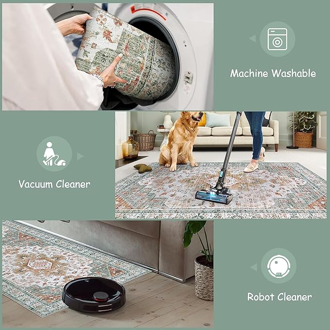 Moynesa Living Room Area Rug 9x12, Ultra-Thin Washable Large Rugs for Bedroom Under Dining Room Table, Vintage Oriental Medallion Printed Low Pile Carpet for Office Playroom Dorm, Beige/Gold