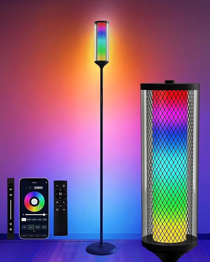 JOOFO RGBICW Corner Floor Lamp with Glass Shade, Color Changing LED Lamp with Music Sync, Smart App & Remote Control, Ambient Lighting with 16 Million Colors for Bedroom, Living Room, Gaming Room