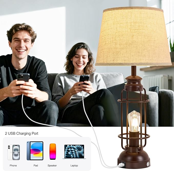 28" Table Lamps for Living Room Set of 2,3 Way Dimmable Touch Lamps with USB A+C Ports,Farmhouse Table Lamps for Bedroom,Industrial Lamp for Living Room End Tables,4 Bulbs Included