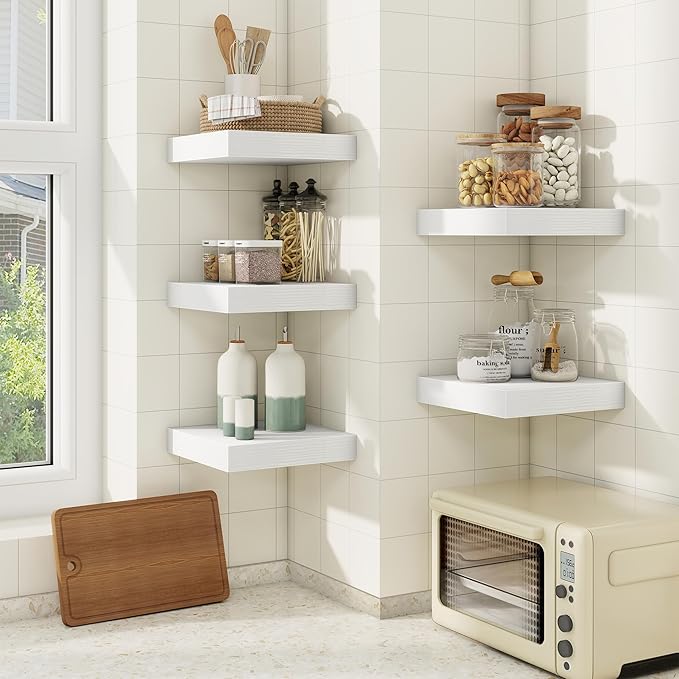 fuqing Floating Shelves for Wall, Wall Mounted Wood Floating Shelf with Invisible Brackets for Living Room, Bathroom, Bedroom, Kitchen Storage and Decor,6.5 Inch Set of 3, White