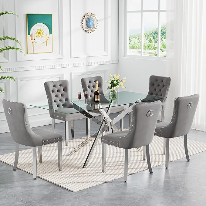 Goujxcy 7 Piece Glass Dining Table Set Modern Glass Dining Table Set for 6, 61" Rectangular Silver Kitchen Table and 6 Velvet Upholstered Chairs, Silver Table & Gray Chair