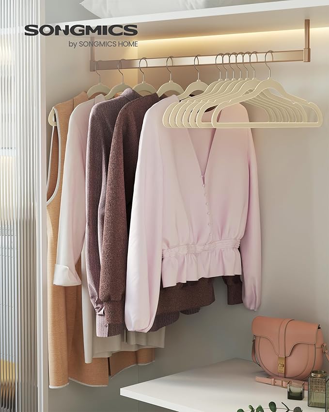 SONGMICS Velvet Hangers 100 Pack, Non-Slip Clothes Hangers with Silver-Colored Swivel Hooks, Slim Space-Saving for Closet, Heavy-Duty, Summer Sand UCRF026LF02S
