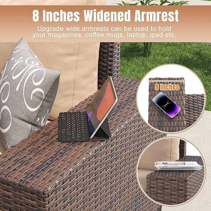 Aoxun 7 Pieces Patio Furniture Set with 44” Fire Pit Table Wicker Rattan Outdoor Sectional Conversation Set with Coffee Table and 4” Thickened Cushions, Beige (Waterproof Cover Included)