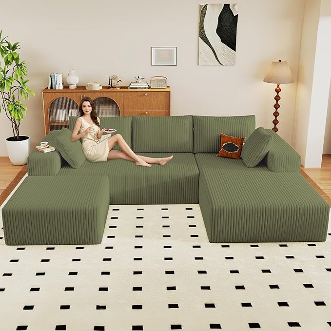96" U-Shape Cloud Couch, Modern Modular Sectional L-Shape Sofa with Ottoman, Corduroy Upholstered Couches Deep Seat Sleeper Chaise Longue for Living Room, No Assembly Required(Green, Right Facing)