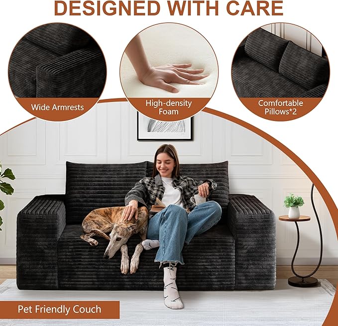63" Corduroy Loveseat Sofa, 2-Seater Cloud Couch, Boneless Couch in a Box, Comfy Deep Seat Sofa with Memory Foam, Pillows and Wide Armrests, Modern Small Couches for Small Spaces, No Assembly (Black)