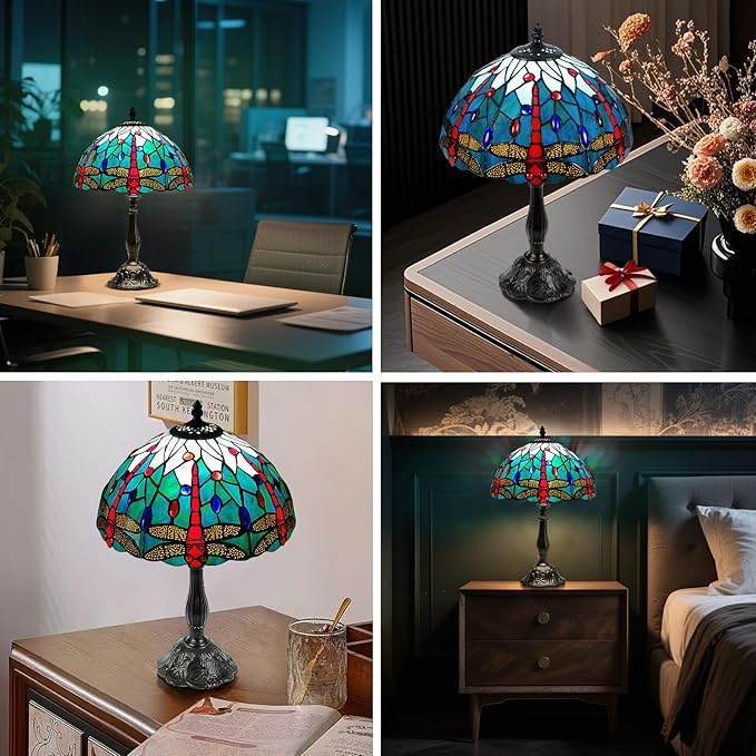 Majestic 12 Inch Dragonfly Tiffany Style Table Lamp,Handcrafted Stained Glass Lamps for Living Room, Dining Room Decor,Large Artisan Tiffany Lamps with LED Bulb.