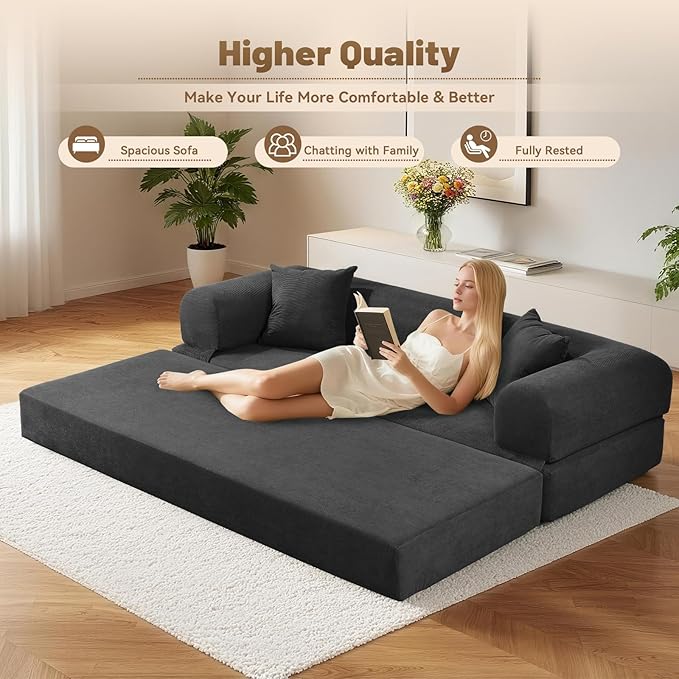 Convertible Futon Sofa Bed,80" Folding Pull Out Couch Bed with Pillows & Storage Pocket, Oversized Queen Sleeper Sofa in a Box,Corduroy Boneless Couch for Living Room,Deep Gray