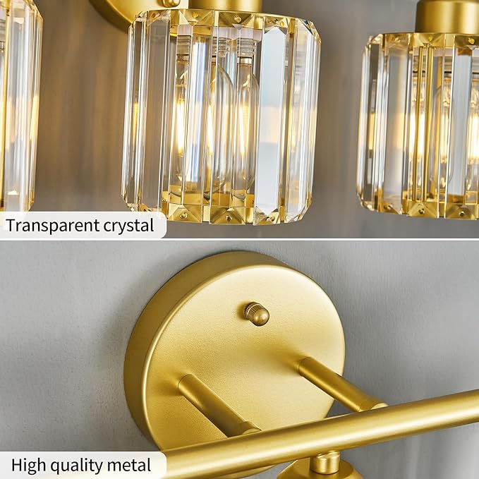 Modern 3 Light Crystal Vanity Light, Gold Vertical Bathroom Light Fixture Over Mirror for Dressing Table Sink, Compatible with Dimmable Bulbs (Bulbs Not Included)