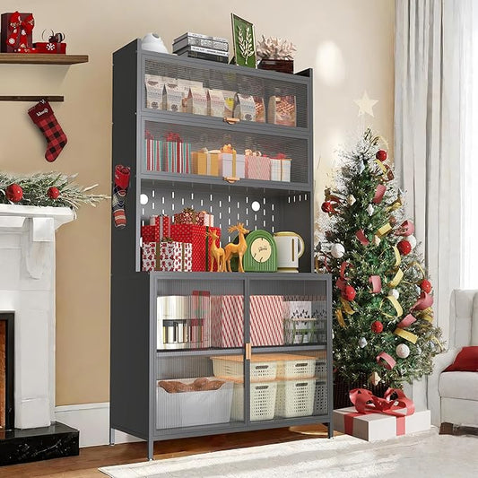 73'' Tall Kitchen Pantry Cabinet, 6 Level Flip Door with Pegboard Metal Pantry Storage Cabinet, Anti-Tip Design Hutch for Kitchen, Dining Room, Living Room,Grey