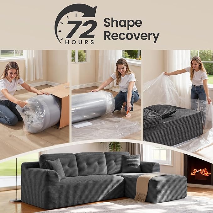 VASAGLE 108.3 Inches Boneless Couch with Chaise, Modular Sectional Sofa, Modern Cloud Couch with Deep Seat, L-Shape Corduroy Sofa for Living Room, Right-Facing Chaise, Bedroom, Slate Gray ULCS182GN01