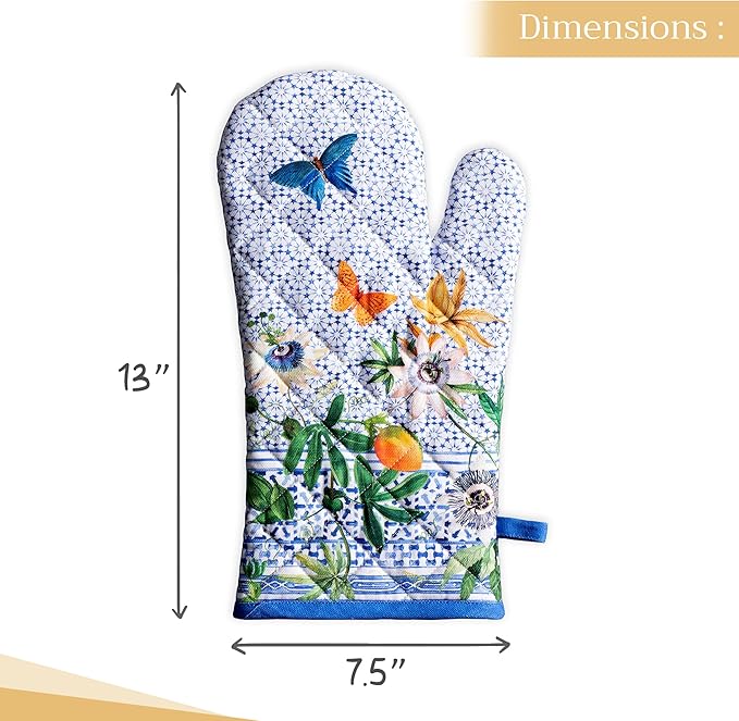 Maison d' Hermine Oven Gloves 100% Cotton Oven Mitt 7" x 13" with Loop Heat Resistant, BBQ, Cooking Gloves, Baking, Grilling, Kitchen, Handling Hot Pans Spring/Summer (Pack of 1, Passiflora)