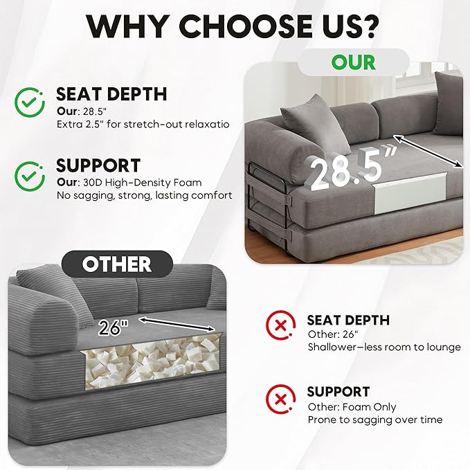 Convertible Sleeper Sofa Bed with Cylindrical Pillow, Corduroy Folding Mattress Couch with Fixed-Shape Frame, Floor Sofa Lounge Couch for Living Room Bedroom Lounge Studio-Grey