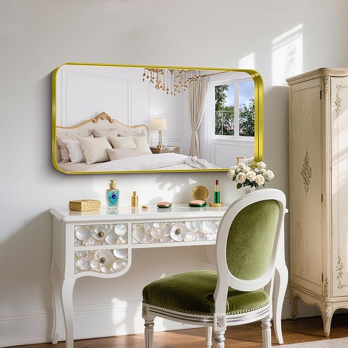 FORBATH 24x48 Inch Bathroom Mirror, Brushed Gold Deep Frame Narrow Wall Mirror with Rounded Corners, Anti-Rust Tempered Glass for Modern Farmhouse Vanity (Horizontal/Vertical)