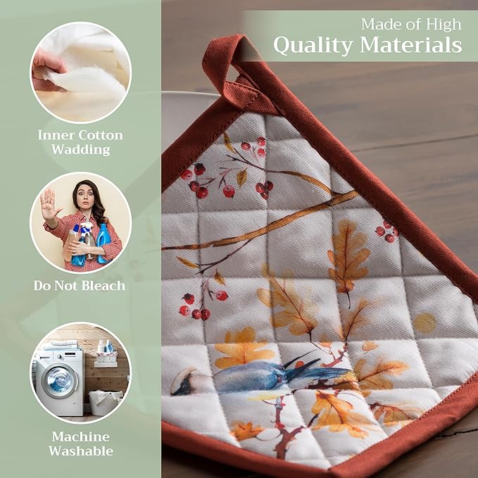 Maison d' Hermine Pot Holders Set 100% Cotton Heat Resistant Potholders 8" x 8" Hot Pads with Loop for Thanksgiving Christmas Decorations BBQ Cooking Baking Handling Hot Pans (Pack of 2, Oak Leaves)