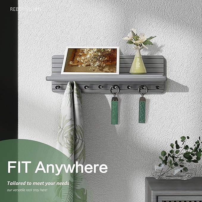 Rebee Vision Stylish Key Holder Wall Mount for Room Decor – Farmhouse Key Hanger with 8 Durable Hooks & Floating Shelf – Modern Hanger Organizer for Entryway, Living Room, or Office Decor (Gray)