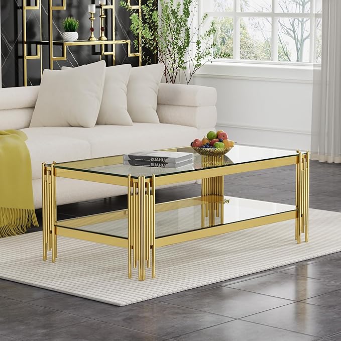 Goujxcy Modern Glass Coffee Table 47" Gold Center Table with Tempered Glass Top and Mirror Finish Stainless Steel Legs, Luxury Rectangular Coffee Table for Living Room Apartment (Gold)