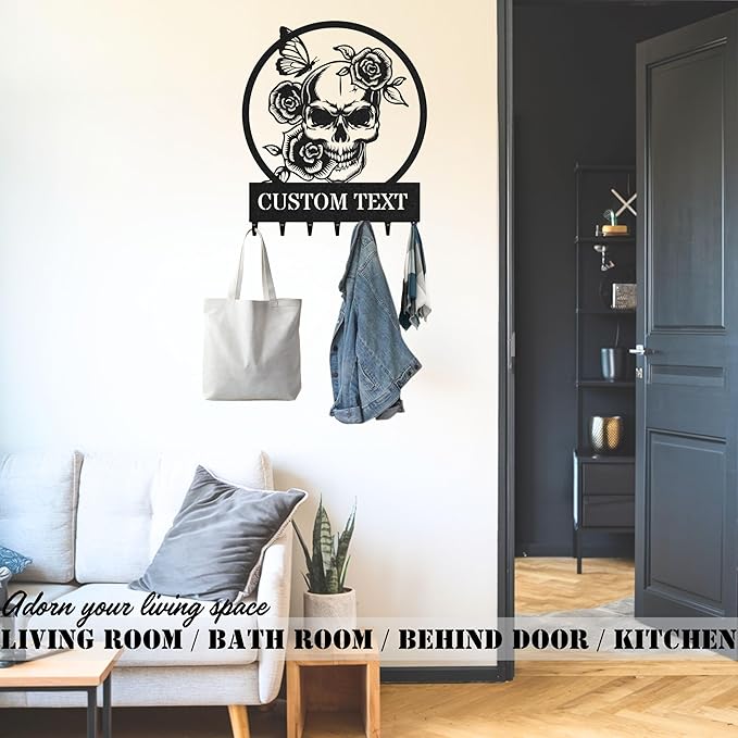 Personalized Key Holder for Wall, Custom Metal Rose Skull Key Hooks with Name, Metal Jacket Holder Hooks Organizer Rack, Coat Hanger Decor for Kitchen, Entryway, Hallway, Office