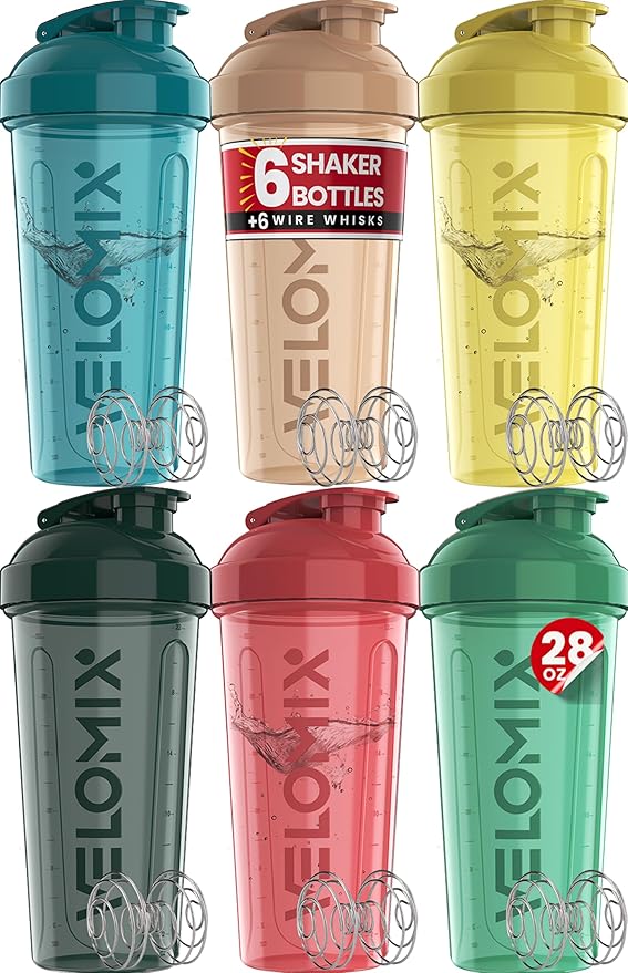 VELOMIX -6 PACK- 28 oz Protein Shaker Bottle for Protein Mixes - 6x Wire Whisk | Leak Proof Shaker Cups for Protein Shakes | Protein Shaker Bottle Pack | Protein Shake Cup (Hawai Shadows)