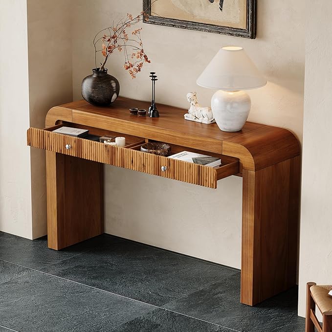 54.3" Curved Console Table with Fluted Drawer, Rustic Entryway Table and Thick Legs, Sturdy Sofa Table for Hallway & Living Room Wood (Brown)