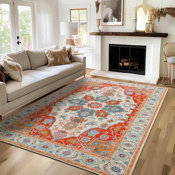WILLSUN Washable Area Rugs, 3x5 Non-Slip Boho Large Area Rugs for Living Room, Bedroom, Machine Washable Vintage Rug, Indoor Floral Print Carpet for Home Decor, Kid & Pet Friendly Mat