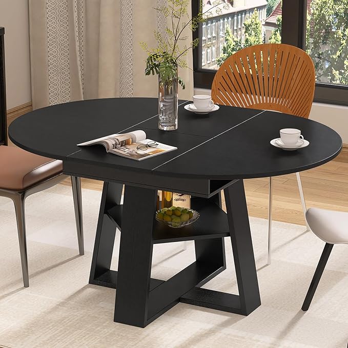 Round Dining Table for 4-8 People, 43.3"-59" Oval Dining Table Space Saving, Expandable Kitchen Table with Smooth Glide Mechanism Modern Design & Wood Base for Small Space (Black)