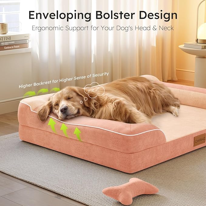 Extra Large Dog Bed, Orthopedic Dog Bed with Cooling Gel Memory Foam, Waterproof XL Pet Bed with Removable Washable Cover, 42" Pet Sofa Couch Dutch Velvet with Bone Toy, Peach Pink