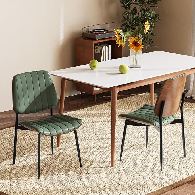 Modern Green Leather Dining Chair Set of 2, Bentwood Backrest & Black Metal Frame Ergonomic Comfort, Sustainable Style, Multi-Space Versatile, Green