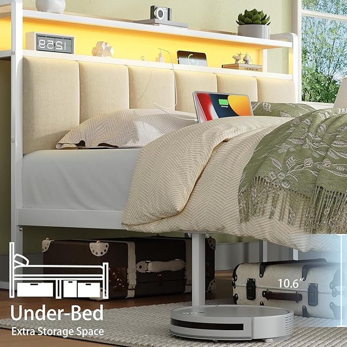 Twin Bed Frame with Storage Headboard, Metal Platform Bed Frames Twin with LED Lights and Charging Station, Heavy Duty Metal Slats, No Box Spring Needed, Easy Assembly, Beige