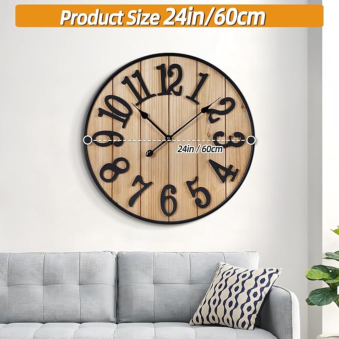Large Wall Clock 24IN, Silent Metal Wood Style Wall Clocks Battery Operated for Living Room Decor, Farmhouse Big Wall Clock, Outdoor