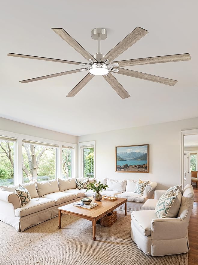 Fanbulous Modern Farmhouse 84 Inch Large Ceiling Fan, 6-Speed Reversible DC Industrial Ceiling Fans with Lights for Shop/Living Room/Covered Outdoor-Nickel