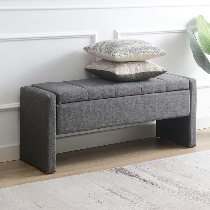 47.25'' Ottoman with Storage, End of Bed Storage Bench, Entryway Bench - Linen Upholstered Multi-Functional Footrest for Bedroom, Living Room, Dorm & Window Bench (Dark Grey)