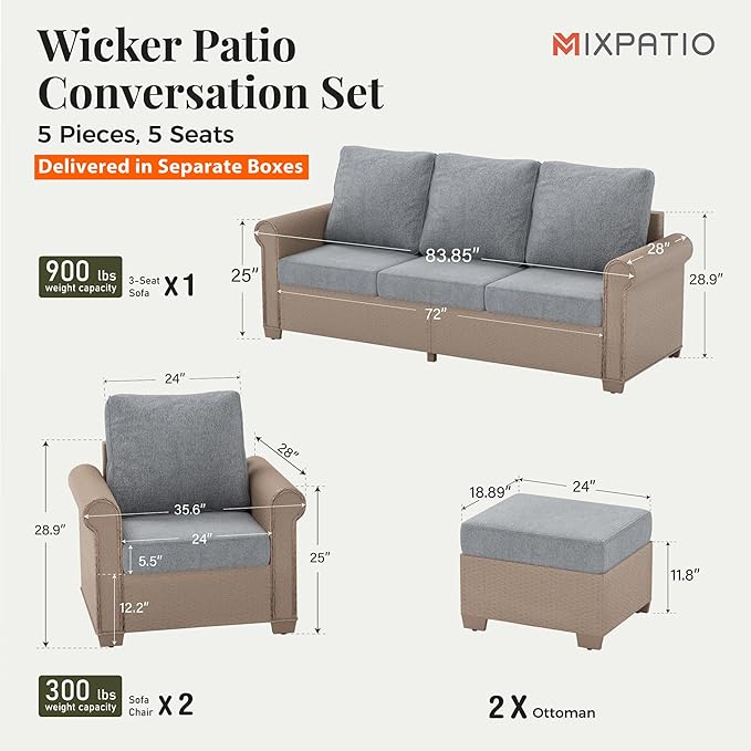 Patio Furniture Set 5 pcs, Wicker Outdoor Patio Furniture, 3-Seat Sofa, 2 Single Chairs and 2 Ottomans, Rattan Patio Conversation Set for Backyard Deck, Grey