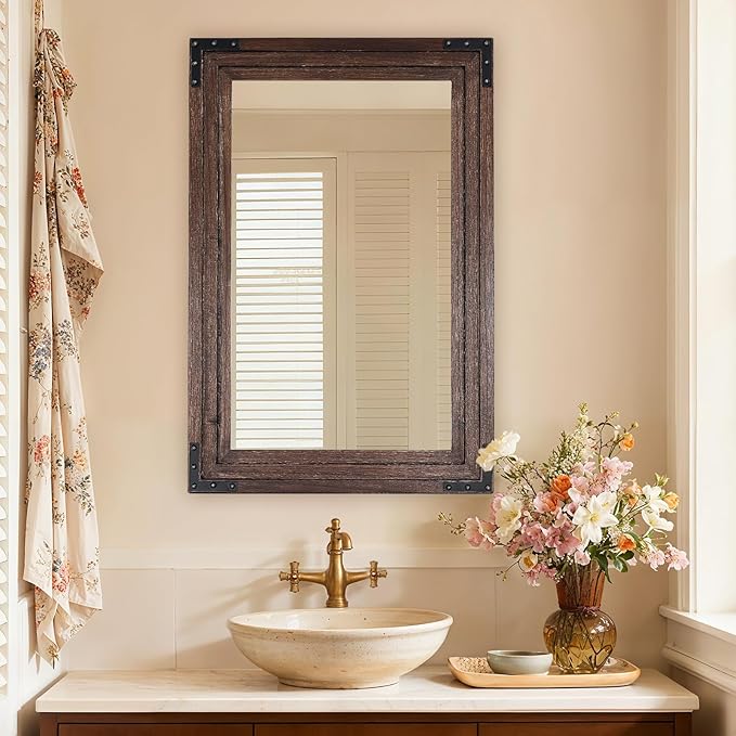 Full Length Mirror 30"x20" Solid Wood Frame Floor Standing Mirror, Hanging or Leaning Wall-Mounted for Living Room, Bedroom, Brown