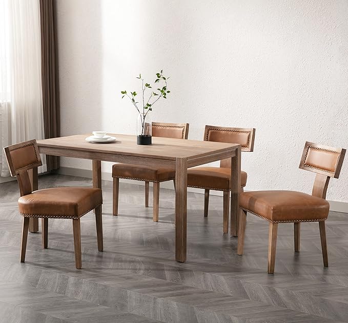 Mid Century Modern Dining Chairs Set of 4, Farmhouse Dining Chairs with Nailhead Trim, Faux Leather Upholstered Dining Room Chairs Kitchen Chairs with Wood Legs, Brown