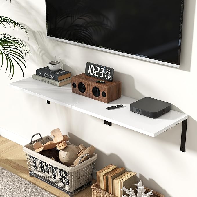 Fun Memories Floating Shelves for Wall, 12 Inch Deep Floating Shelves Set of 2, Wall Mounted Shelf with Metal Brackets, Rustic Wood Wide Shelf for Bathroom, Kitchen and Living Room, White, 24W x 12D