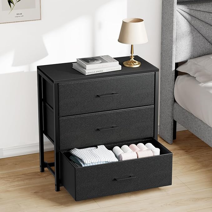 Nightstand with 3 Drawers for Bedroom, Storage Dresser with Fabric Drawers and Metal Frame for Closet, Living Room, Bedside Table with Wood Top, Easy Pull Handle, Black