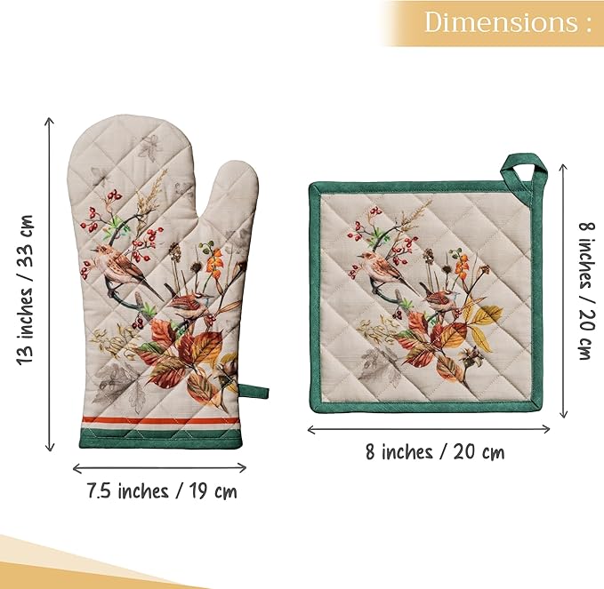 Maison d' Hermine 100% Cotton Oven Mitt & Pot Holder Set (7.5"x13" & 8"x8") Heat Resistant BBQ Cooking Gloves with Loop for Thanksgiving Christmas Decorations Handling Hot Pans (Recolte)