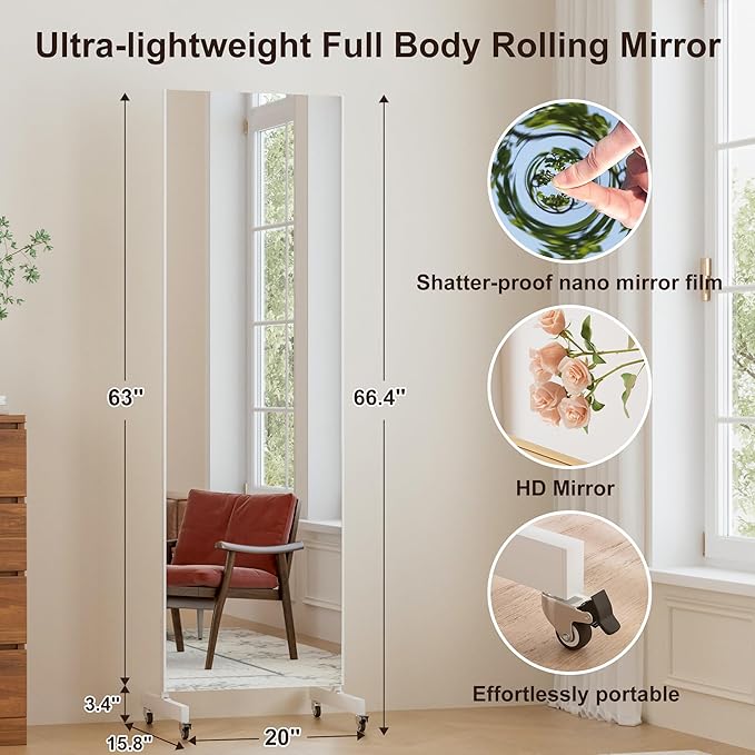brisafe 63"x20" Ultra-Light Mobile Floor Mirror with 360° Wheels, 0.04mm Shatterproof Nano Film for Home Gym/Yoga/Dance Studio & Commercial Use (60% Insurance Savings, White)