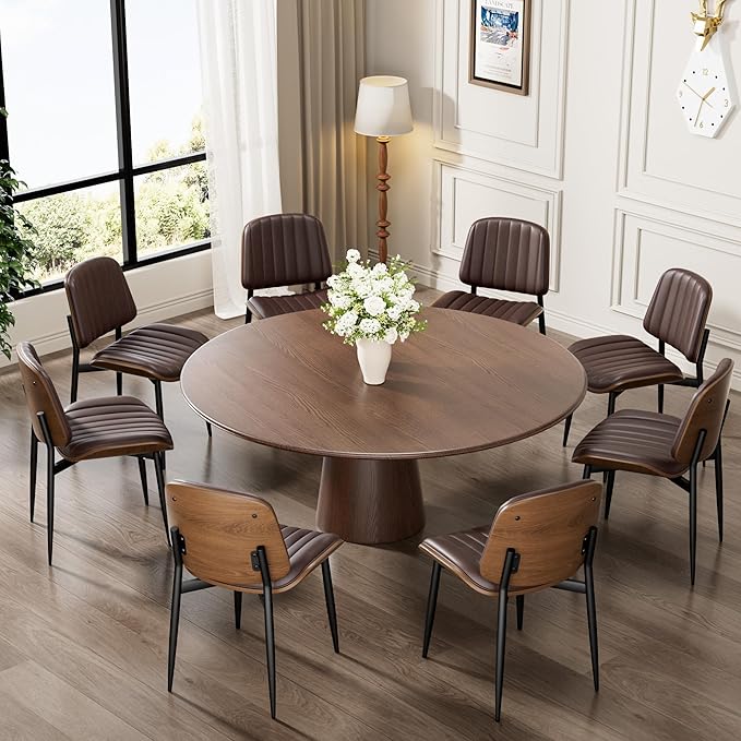 Dining Chairs Set of 8, Mid-Century Modern Upholstered PU Leather Chairs with Walnut Bentwood Back and Metal Legs Adjustable Feet for Kitchen Dining Living Room, Dark Brown Vertical Stripes