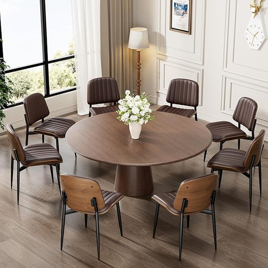 Dining Chairs Set of 8, Mid-Century Modern Upholstered PU Leather Chairs with Walnut Bentwood Back and Metal Legs Adjustable Feet for Kitchen Dining Living Room, Dark Brown Vertical Stripes