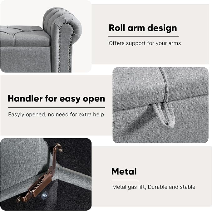 67 Inch Storage Bench for Bedroom, Linen End of Bed Bench, King Size Bench with Rolled Arms, Upholstered Tufted Button Storage Ottoman, Living Room, Entryway, Light Grey