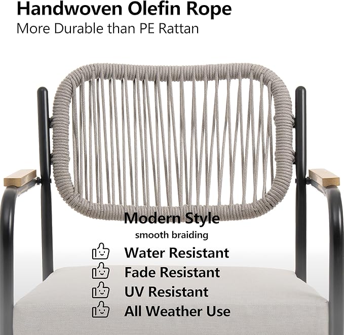 Outdoor Dining Chairs Set of 4, Wicker Patio Dining Chairs with Removable Cushions, Rectangle Patio Table Chair, All Weather Outdoor Chairs, Metal Lawn Chair for Adults/Indoor/Deck, Beige