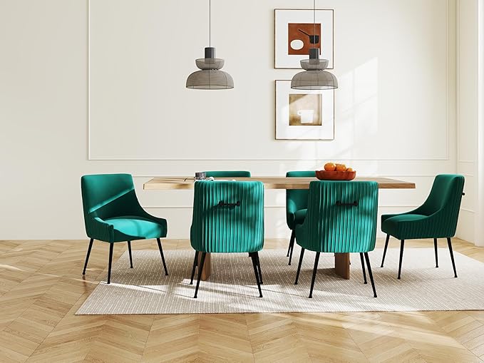 Velvet Dining Chairs Set of 2,Dark Green Upholstered Living Room Chairs with Black Metal Legs, Modern Tufted Accent Chairs for Living Room, Study Room, Kitchen